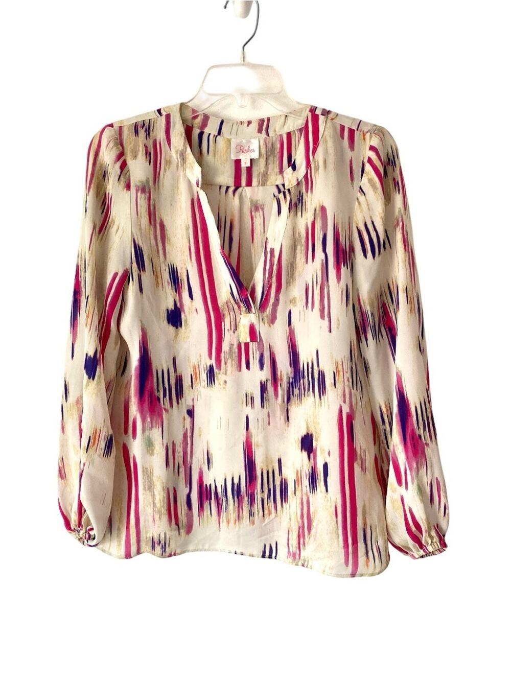 Parker Silk Cream Pink Purple Long Sleeve Career Blouse size small